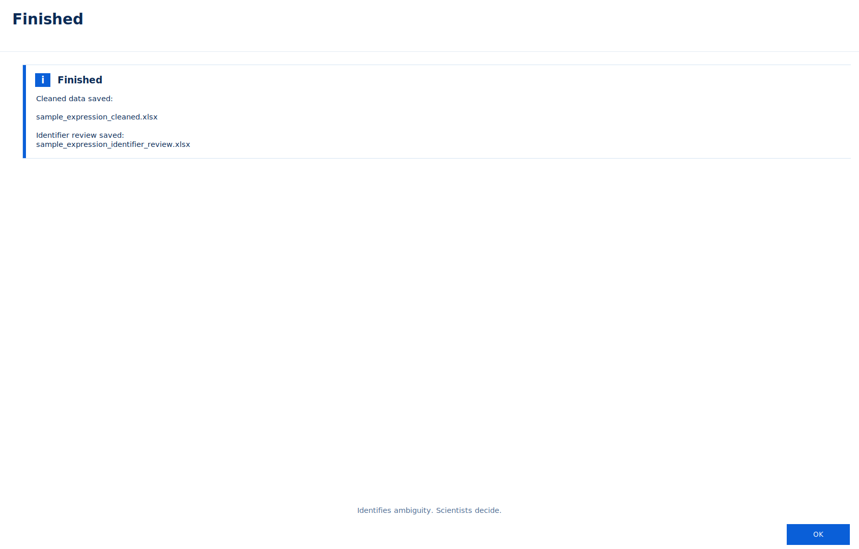 Finished message showing the saved cleaned workbook and identifier review file.