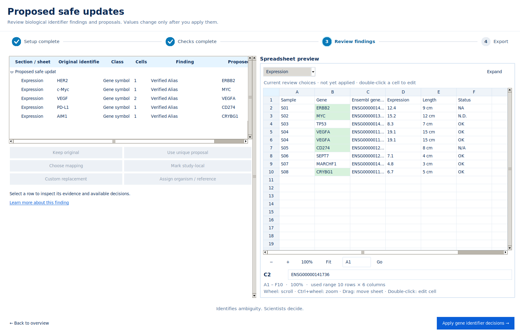 Xanthlonavia 1.5.5 proposed safe updates: HER2, c-Myc, VEGF, PD-L1 and AIM1, with proposed values highlighted green in the preview before applying.