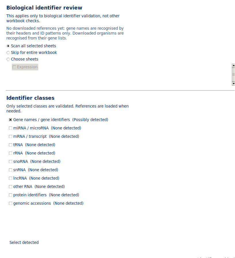 Select biological identifier classes screen with gene names, miRNA, mRNA/transcript, tRNA, rRNA, snoRNA, snRNA, lncRNA and protein options.