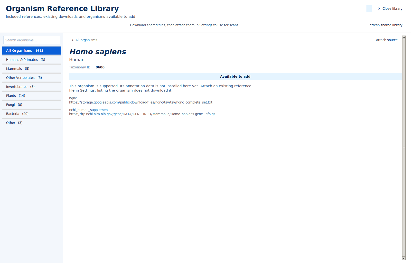 Xanthlonavia 1.5.5 Organism Reference Library showing Homo sapiens, taxonomy ID and reference source information.